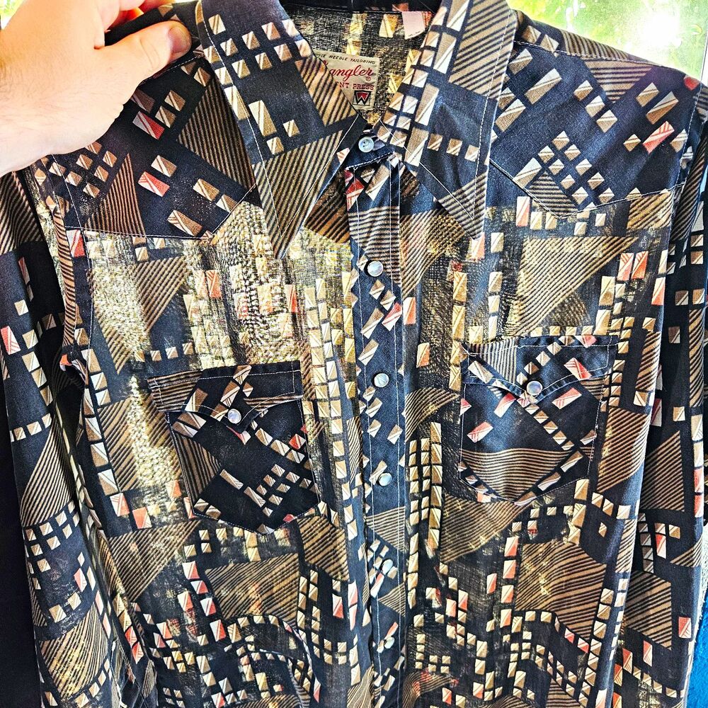 VTG 70s Wrangler Western Pearl Snap Shirt USA Mens 16 36 Geometric Abstract Thin